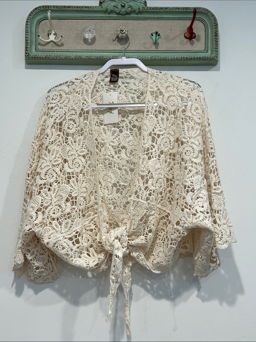 Raj Cream Bohemian Crochet Tie-Front Cardigan Sweater women’s one size new s-xl